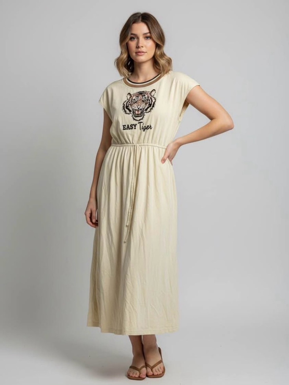 Cream Graphic Maxi Dress with Waist Tie